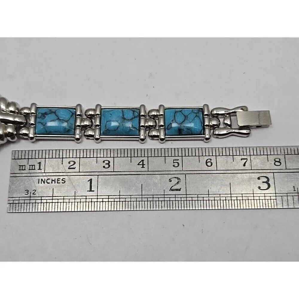 Womens Kristine Silver Tone Faux Turquoise Link Bracelet Watch New Battery Boho
